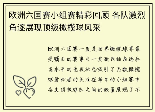 欧洲六国赛小组赛精彩回顾 各队激烈角逐展现顶级橄榄球风采